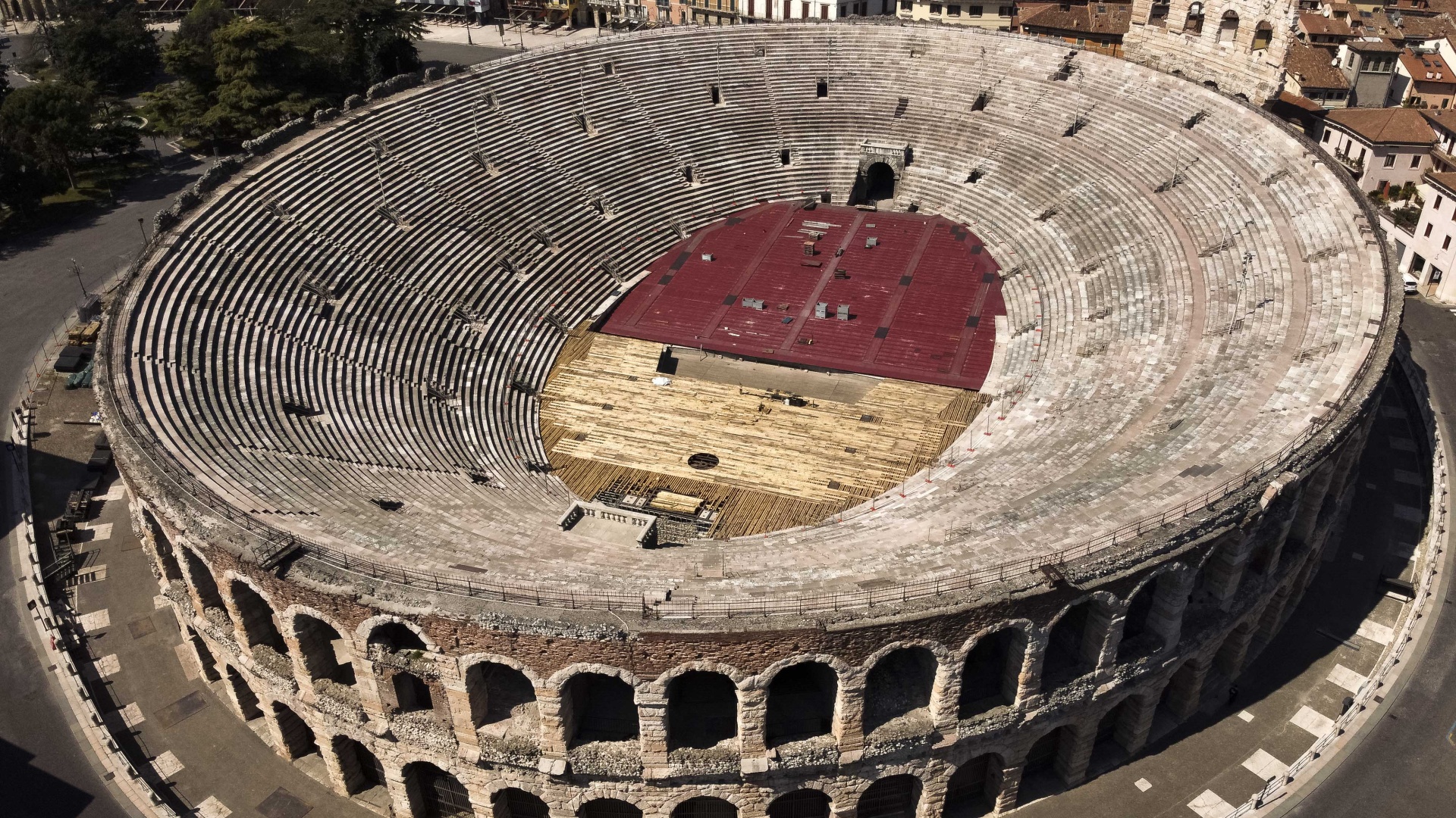 An aerial shot of Verona Arena, the venue for the 2026 Winter Olympics Closing Ceremony