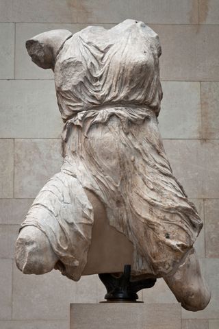 The remains of the statue of Iris in the West pediment frieze on the Parthenon.