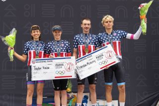 Four National Champions were crowned in the ITT, but only the two elite champions punched their tickets to Paris 2024 - Taylor Knibb (second from left) and Brandon McNulty (third from left)