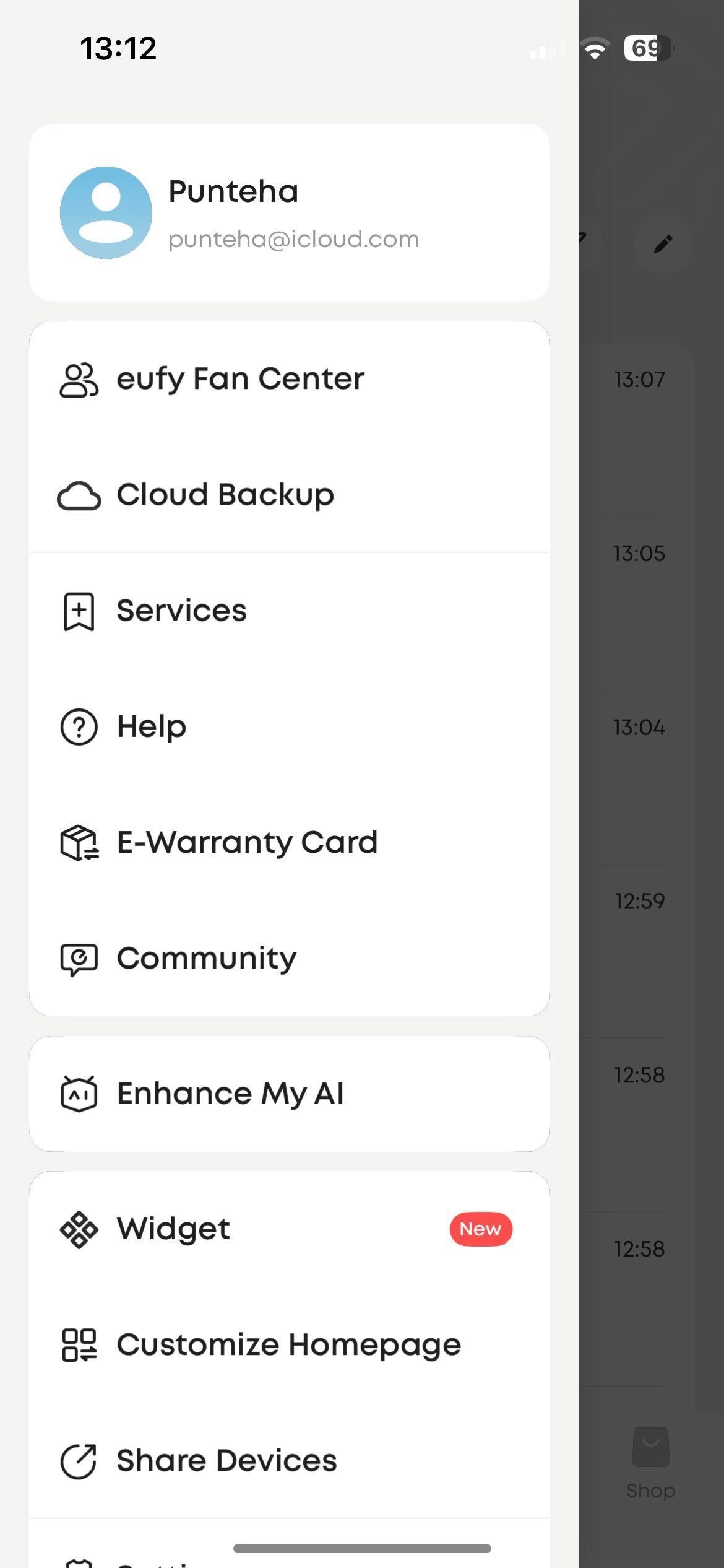 eufy e340 video doorbell menu settings. This is accessed from the home page, and if you scroll down, you see 'settings' as an option