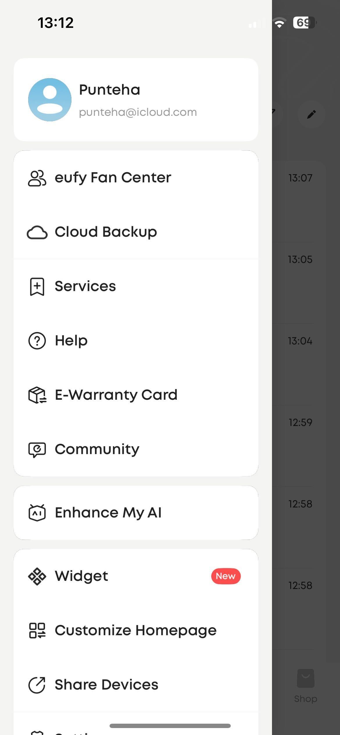 eufy e340 video doorbell menu settings. This is accessed from the home page, and if you scroll down, you see 'settings' as an option