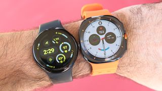 Pixel Watch 3 in 45mm (left) on a user's wrist next to the Samsung Galaxy Watch Ultra