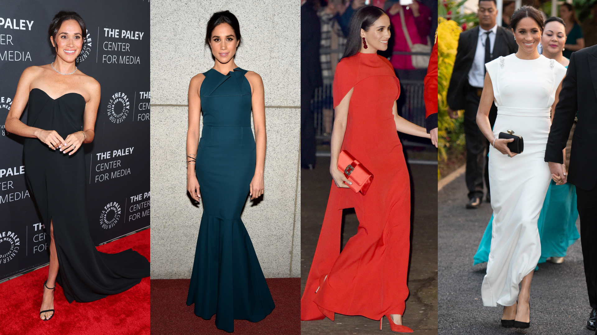 Meghan Markle wearing a black, blue, red and white evening gown