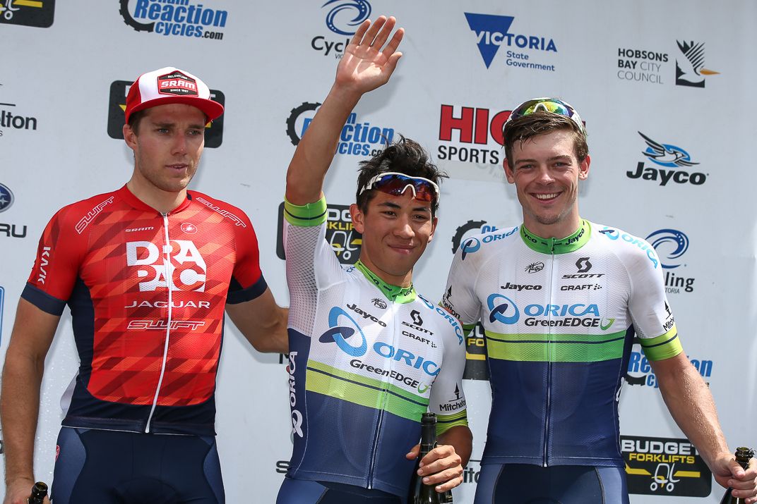 Brenton Jones, Caleb Ewan and Alex Edmondson make up the final stage podium