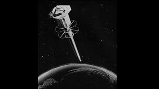 a black and white illustration of a satellite above earth