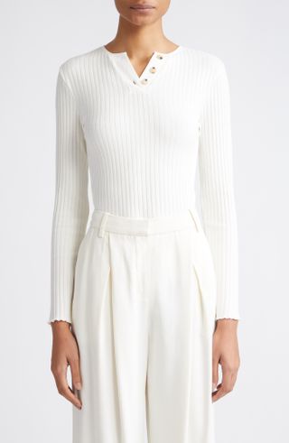 Cotton Blend Rib Henley Sweater