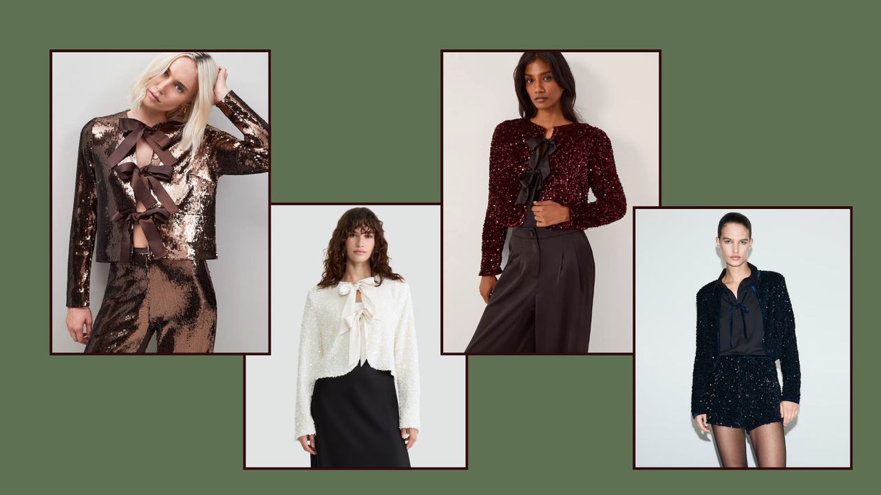 four models wearing bow front sequin jackets 