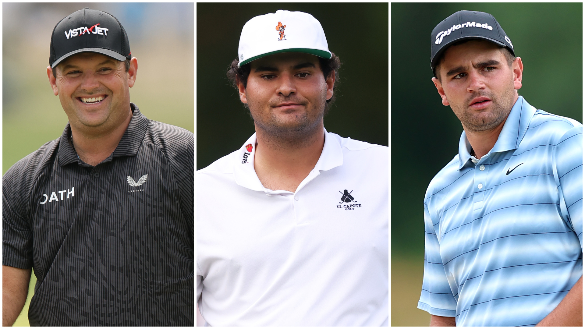 Side by side images of Patrick Reed, Eugenio Chacarra and Casey Jarvis