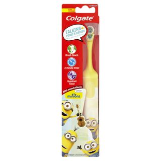 Yellow Colgate Minions kids battery-operated toothbrush in red packaging