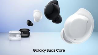 Samsung Galaxy Buds Core in black and white, suspended on blue background