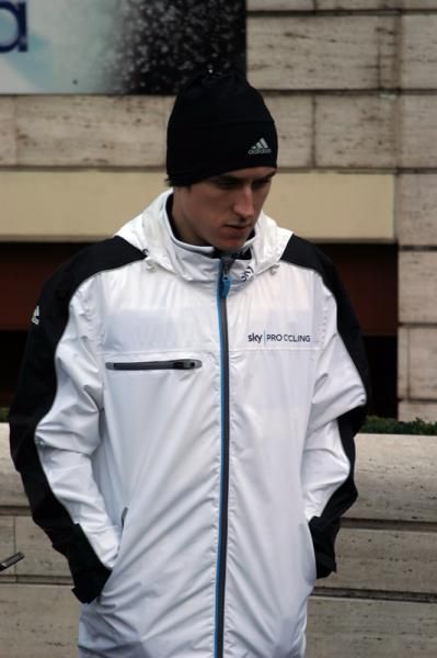 Geraint Thomas was rugged up against the cold in London