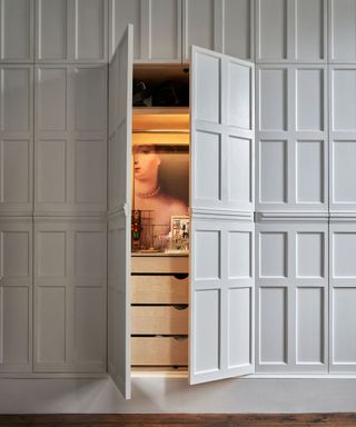 White paneled door, drawers and dressing table