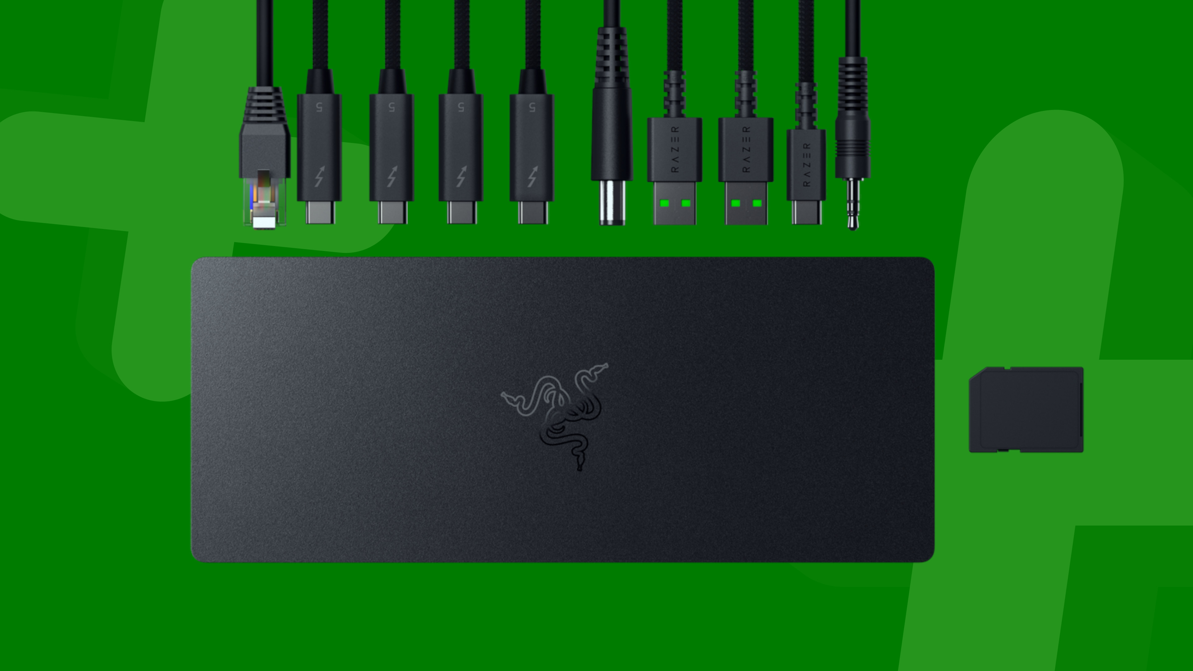 Razer Thunderbolt 5 dock with cables positioned along the top edge on a green background