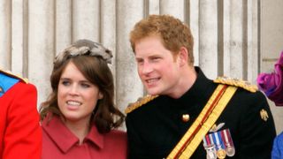LONDON, UNITED KINGDOM - JUNE 16: (EMBARGOED FOR PUBLICATION IN UK NEWSPAPERS UNTIL 48 HOURS AFTER CREATE DATE AND TIME) Princess Eugenie and Prince Harry stand on the balcony of Buckingham Palace during the annual Trooping the Colour Ceremony at Buckingham Palace on June 16, 2012 in London, England. (Photo by Indigo/Getty Images)