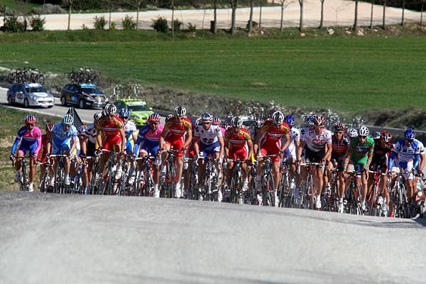 The peloton spreads across the road.