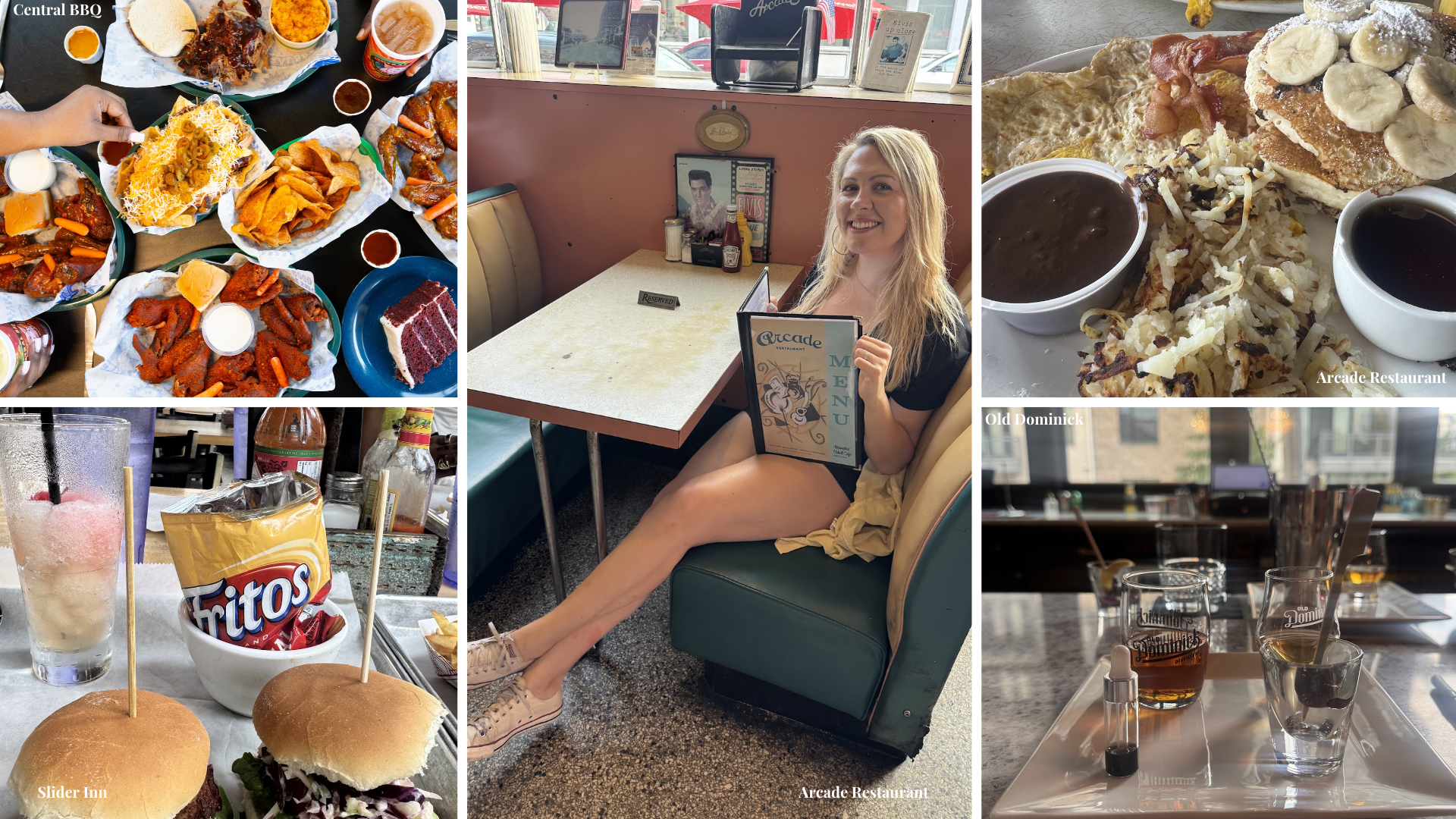 Kira's Memphis Food Tour. Top left: A feast at Central BBQ, Bottom left: Sliders and Jameson slushie at Slider Inn, Middle: Kira sitting in Elvis' booth at Arcade Restaurant, Top right: Arcade's hearty breakfast, Bottom right: Old Fashioned making at Old Dominick