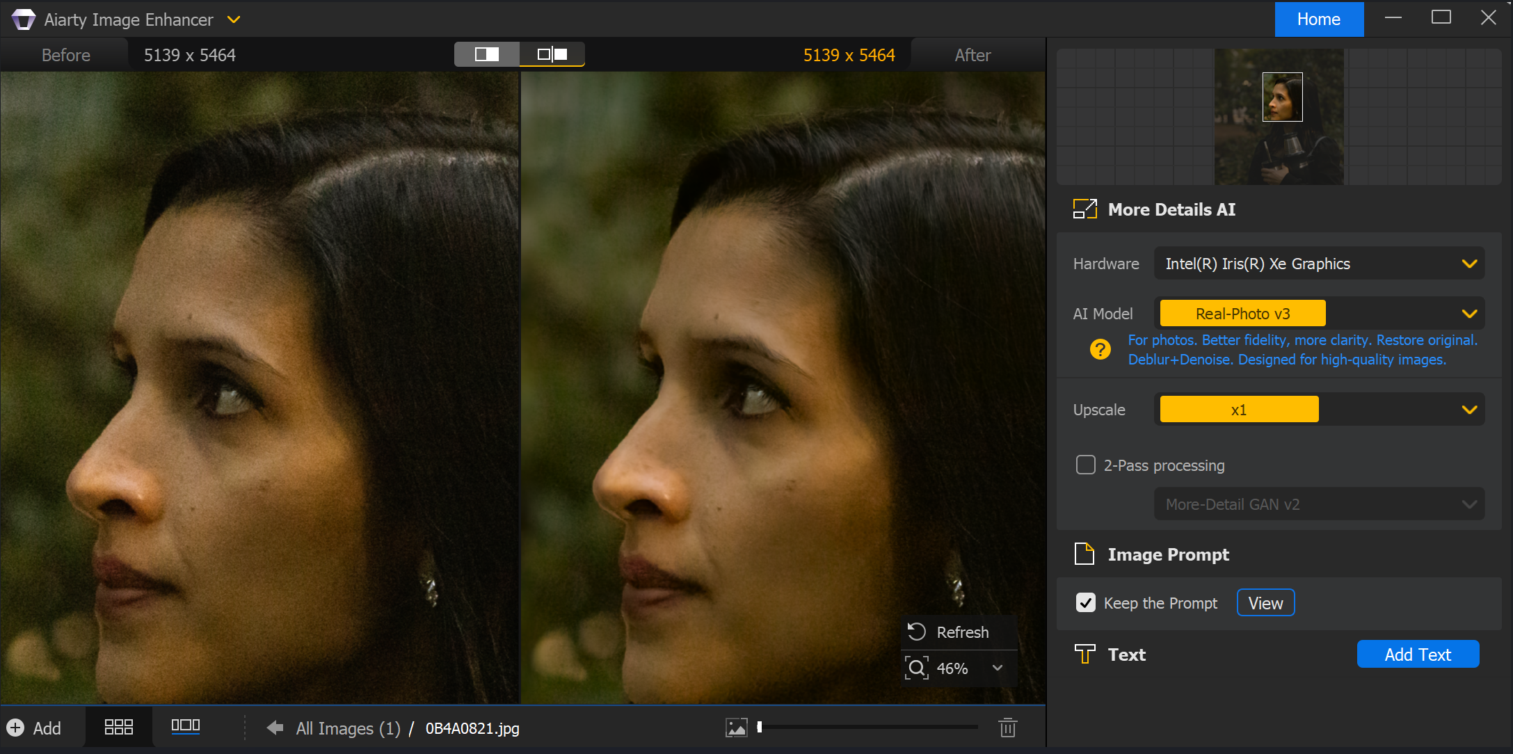 A screenshot showing the use of AI software to improve photo quality