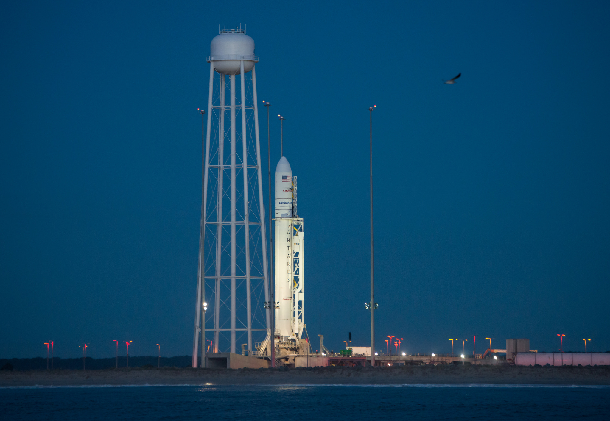 Orbital ATK&#039;s first Antares rocket since a 2014 accident stands atop its Pad-0A launchpad at NASA&#039;s Wallops Flight Facility on Wallops Island, Virginia on Oct. 15, 2016. The rocket is set to launch a Cygnus cargo ship filled with NASA cargo on Oct. 16.