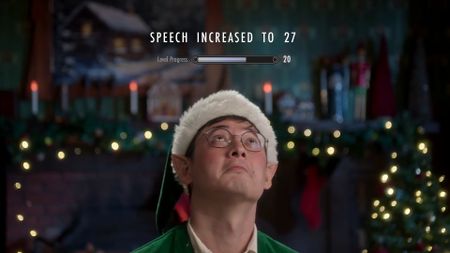 A Christmas elf watches his speech skill increase in a comedic live-action trailer for Skyrim on Switch 2