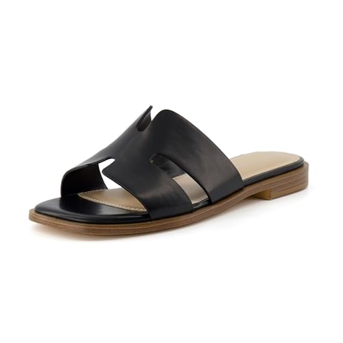 Cushionaire Voyage Cutout Strap Slides for Women, Slip on Summer Flats, Trendy Footwear, Comfortable Vacation Style Sandals for Women 2025, Black 6