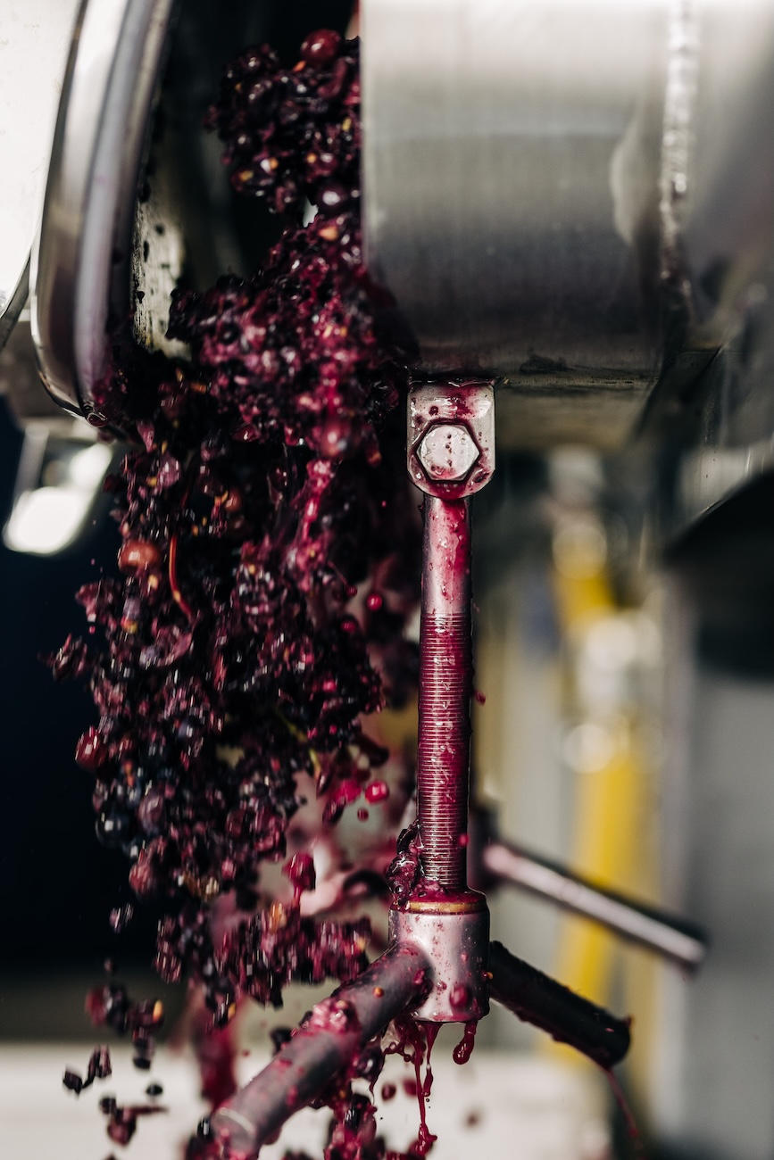 grape skins falling from a tank