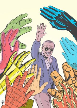 Marvel heroes waving Stan Lee goodbye