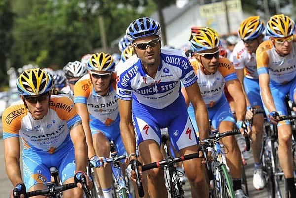 Kevin Hulsmans (Quick Step) surrounded by Garmin-Slipstream riders.