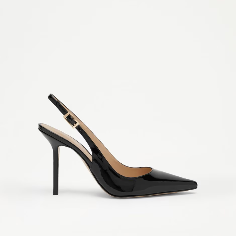 A black patent slingback heel