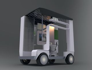 View of Saurabh Nimsarkar's autonomous car concept which is a home on wheels against a grey background