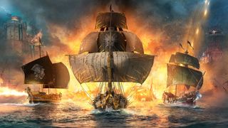 Skull and Bones key art - three ships approaching the viewer with fire in the background