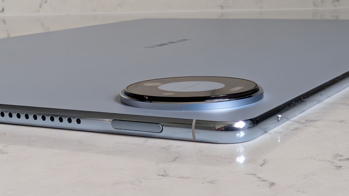 Photos of the Huawei MatePad Pro Max resting on a marble table