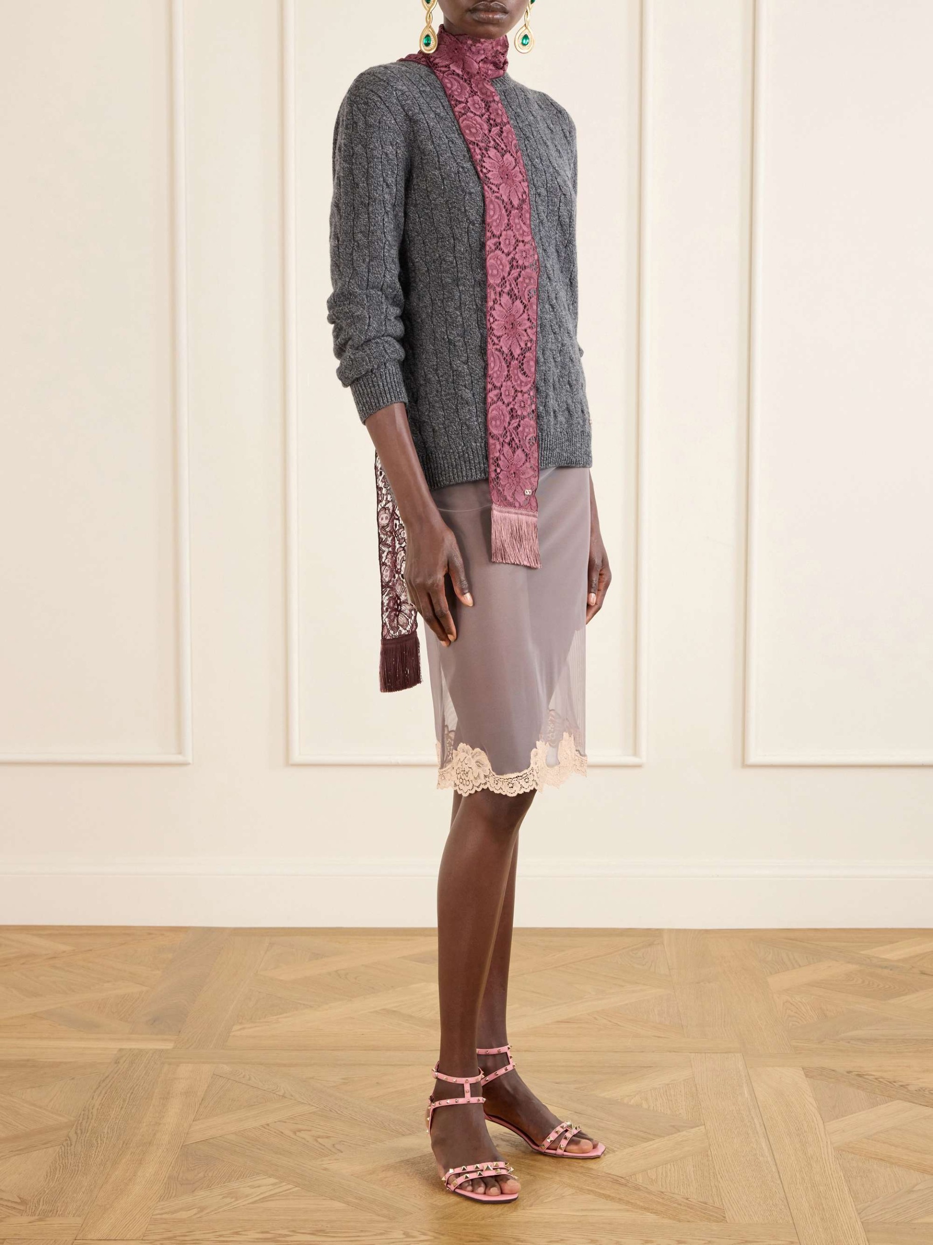 Embroidered Fringed Silk Crocheted Scarf