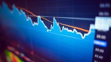 close of up trading terminal screen with blue graph and orange moving average