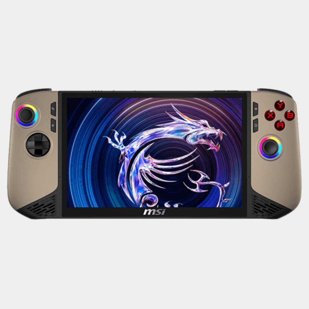 MSI Claw 8 AI+ handheld with grey backdrop 