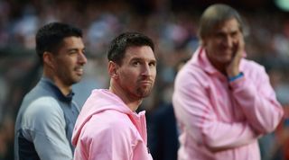 Lionel Messi looks on during Inter Miami's friendly in Hong Kong in February 2024.