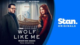 Image of Wolf Like Me season two promotional image, featuring Josh Gad and Isla Fisher, with Stan logo covering right half of image