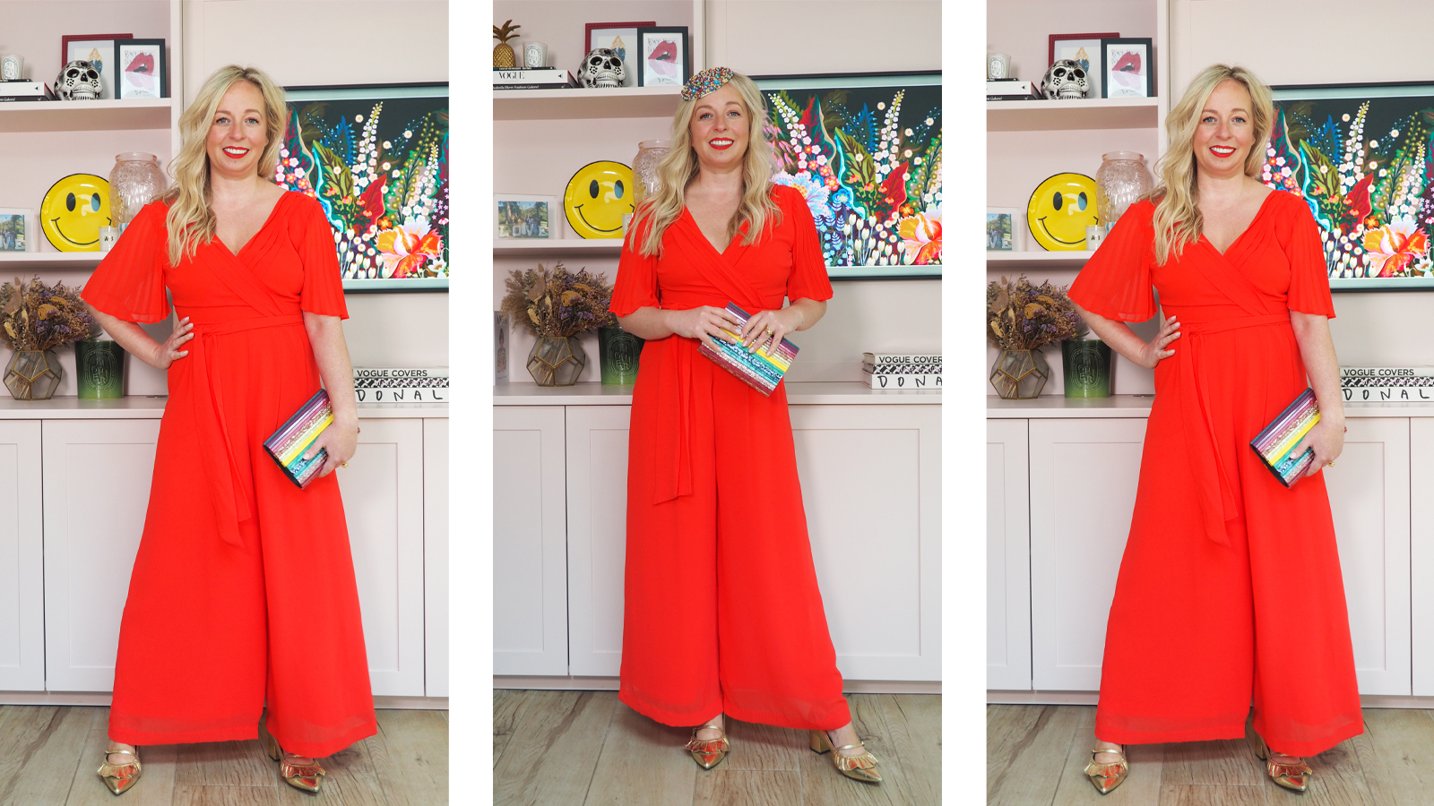 composite image of Antonia Kraskowski wearing a bright red chiffon jumpsuit