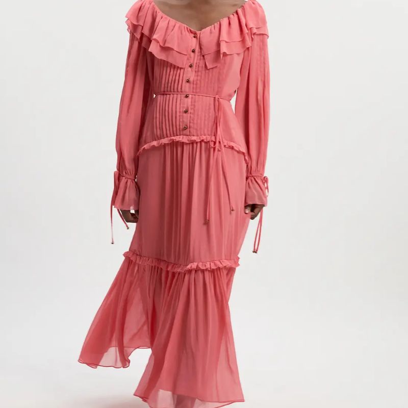 salmon pink ruffled dress