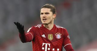 Chelsea and Manchester United target Marcel Sabitzer of FC Bayern München reacts during the Bundesliga match between FC Bayern München and VfL Wolfsburg at Allianz Arena on December 17, 2021 in Munich, Germany. 