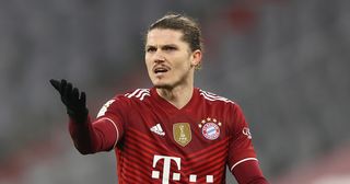 Marcel Sabitzer of FC Bayern München reacts during the Bundesliga match between FC Bayern München and VfL Wolfsburg at Allianz Arena on December 17, 2021 in Munich, Germany.