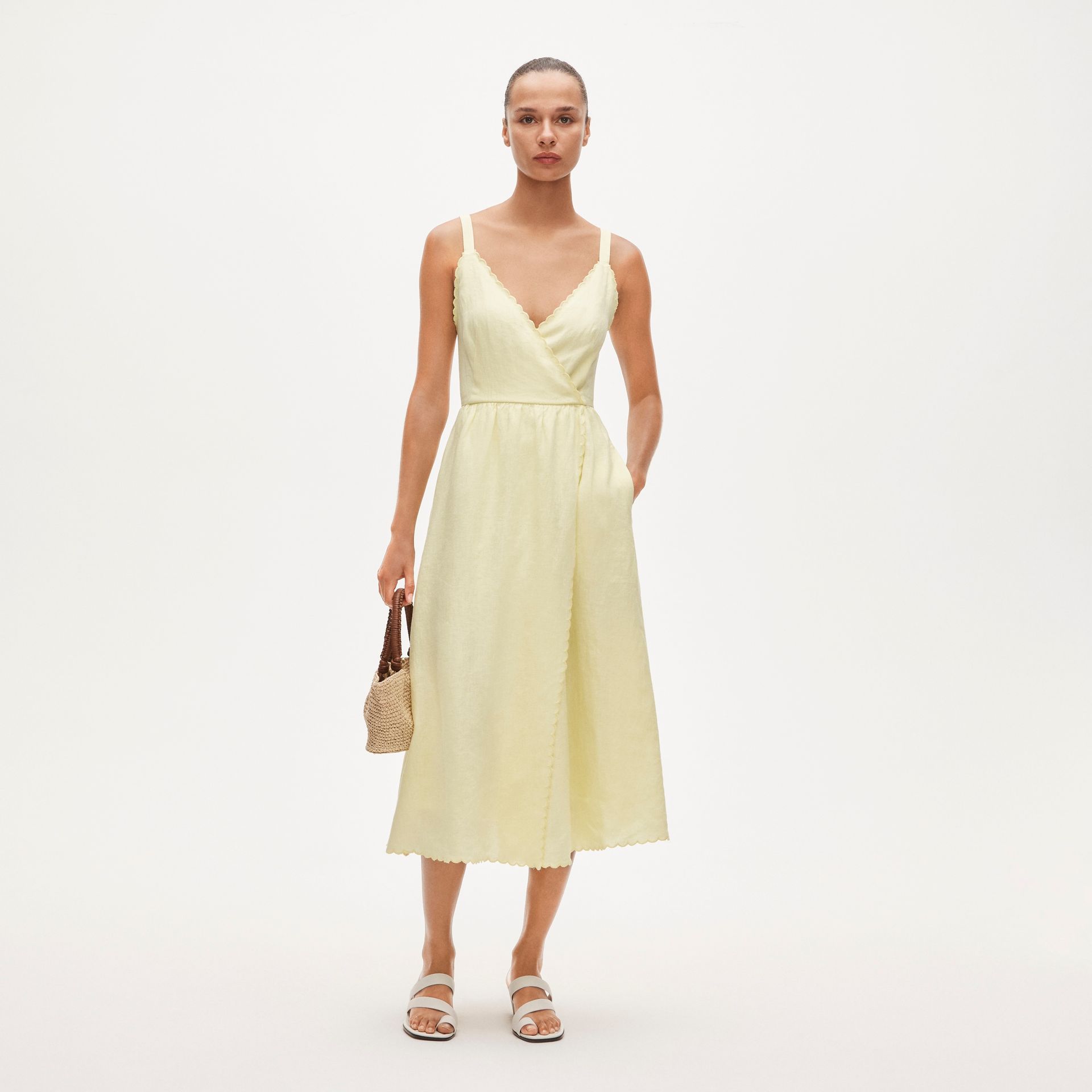 Linen Faux-Wrap Scallop-Trim Dress