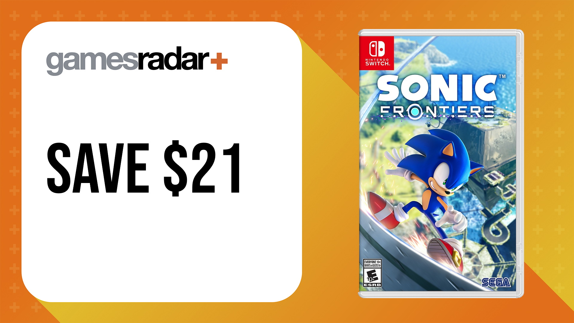 Sonic Frontiers Nintendo Switch box art on orange background with sale price