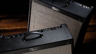 Fender Hot Rod DeVille and Hot Rod Deluxe amps angled on a dark background
