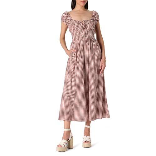 The Drop Melody Cap Sleeve Tie Front Cotton Dress, Brandy Brown Gingham, 5xl Plus