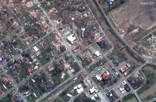Maxar satellite imagery of Walnut Street in Rolling Fork, Mississippi after being hit by the March 24th, 2023 tornado.