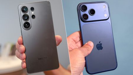 A composite shot showing the Samsung Galaxy S26 Ultra and the iPhone 17 Pro Max side by side