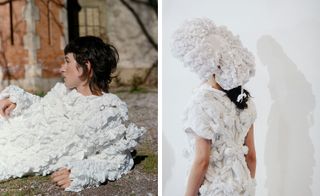 White headpieces made from ruched broderie anglaise.