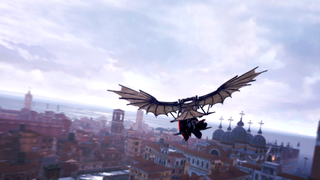 Assassin gliding over a city