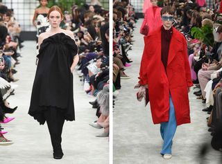 Left, model wears an oversized black dress with black boots. Right, model wears a red patterned coat and blue trousers.