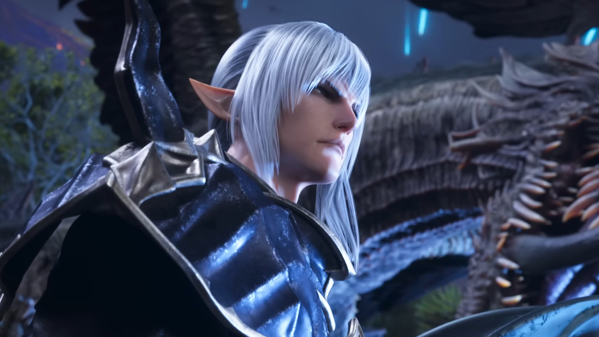 A close-up of a silver-haired man in front of a dragon during the RPG, Final Fantasy 14